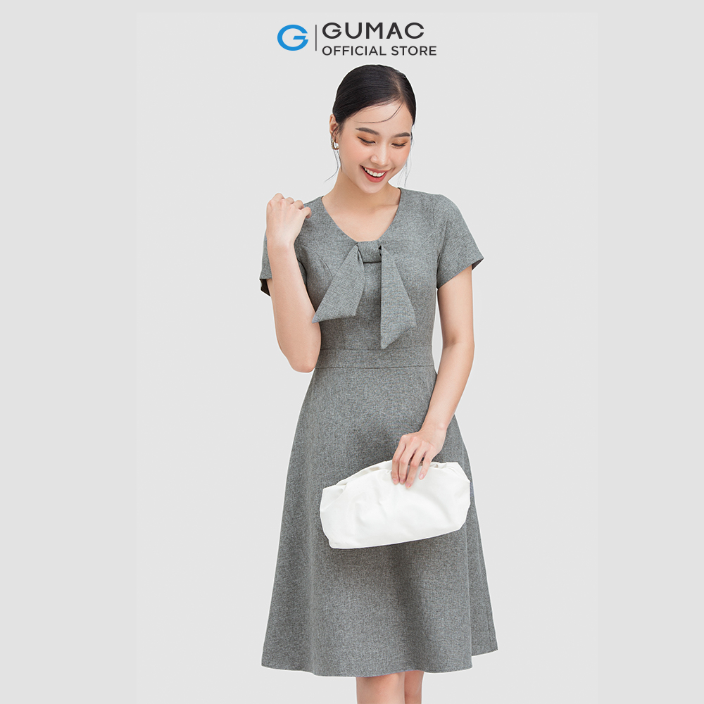 Đầm form chữ A phối nơ cổ DC05059 thời trang GUMAC