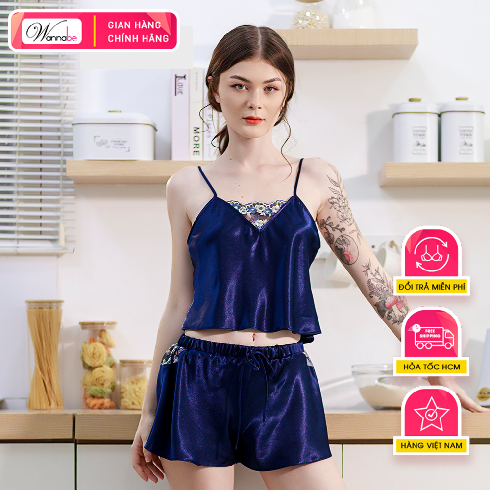 Đồ bộ mặc nhà lụa cao cấp WANNABE BSS62 đồ bộ quần sọt áo hai dây cổ áo phối ren thêu Nhật hình tam giác nhẹ nhàng