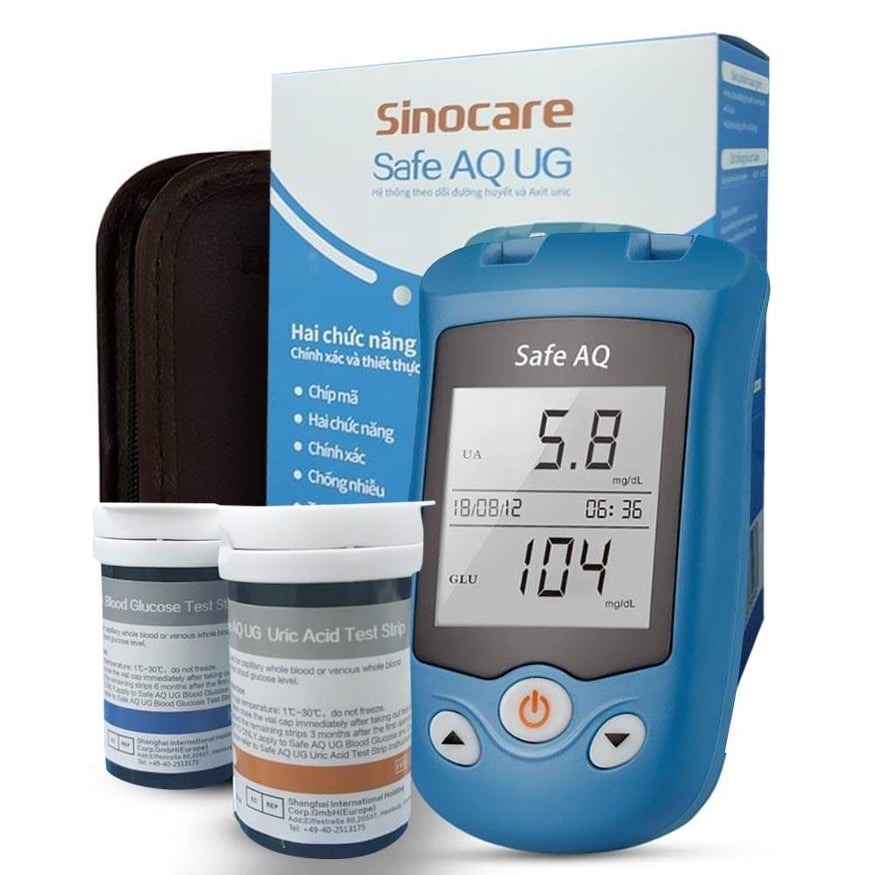 Máy đo đường huyết, Axit Uric 2 trong 1 Sinocare Safe AQ UG Tặng kèm 50 que thử đường huyết và 50 que thử Axit Uric