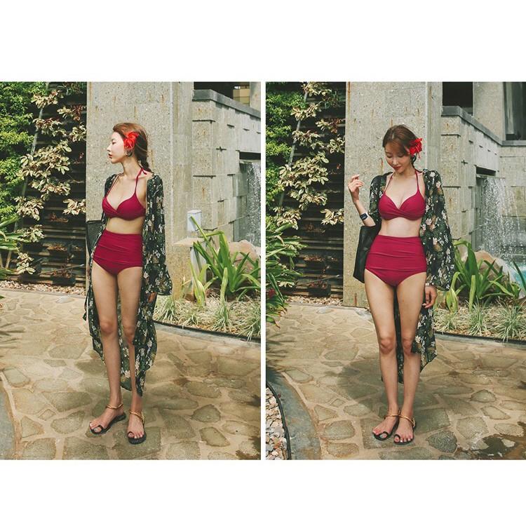 Bikini tắm biển 2 mảnh màu đỏ, quần cạp cao