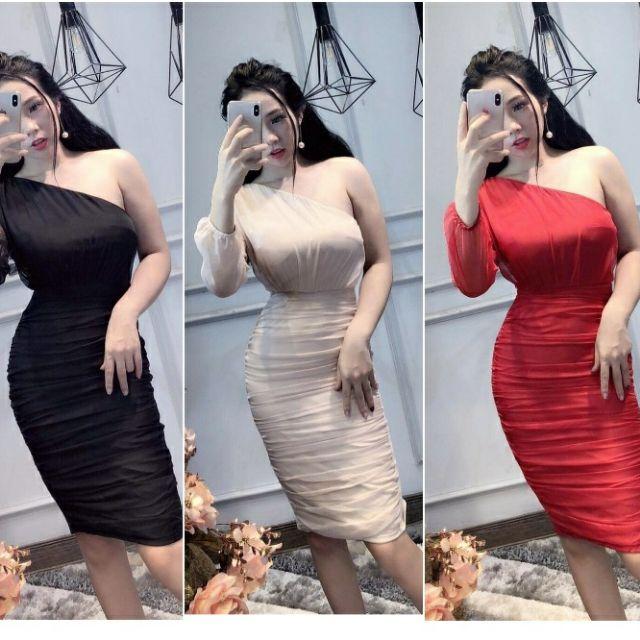 Đầm lệch vai phối voan rút nhúng