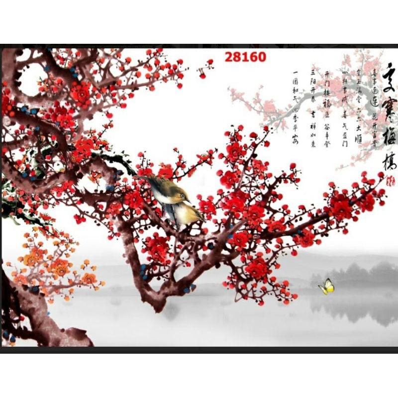 Tranh dán tường hoa đào thư pháp