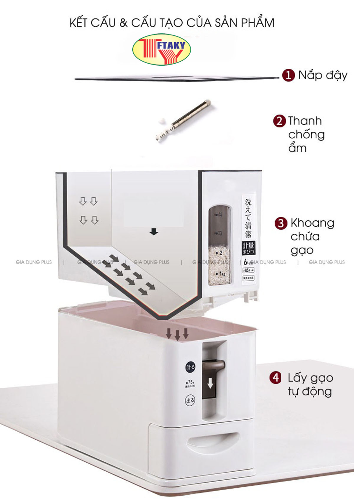 Thùng Đựng Gạo Thông Minh Nhật Bản 12kg, Thiết Kế Dạng Ấn Nút, Chất Liệu Nhựa ABS Cao Cấp, Tiện Lợi, Sang Trọng Căn Bếp, Tặng Kèm Khay Đựng Gạo Và Thanh Chống Ẩm