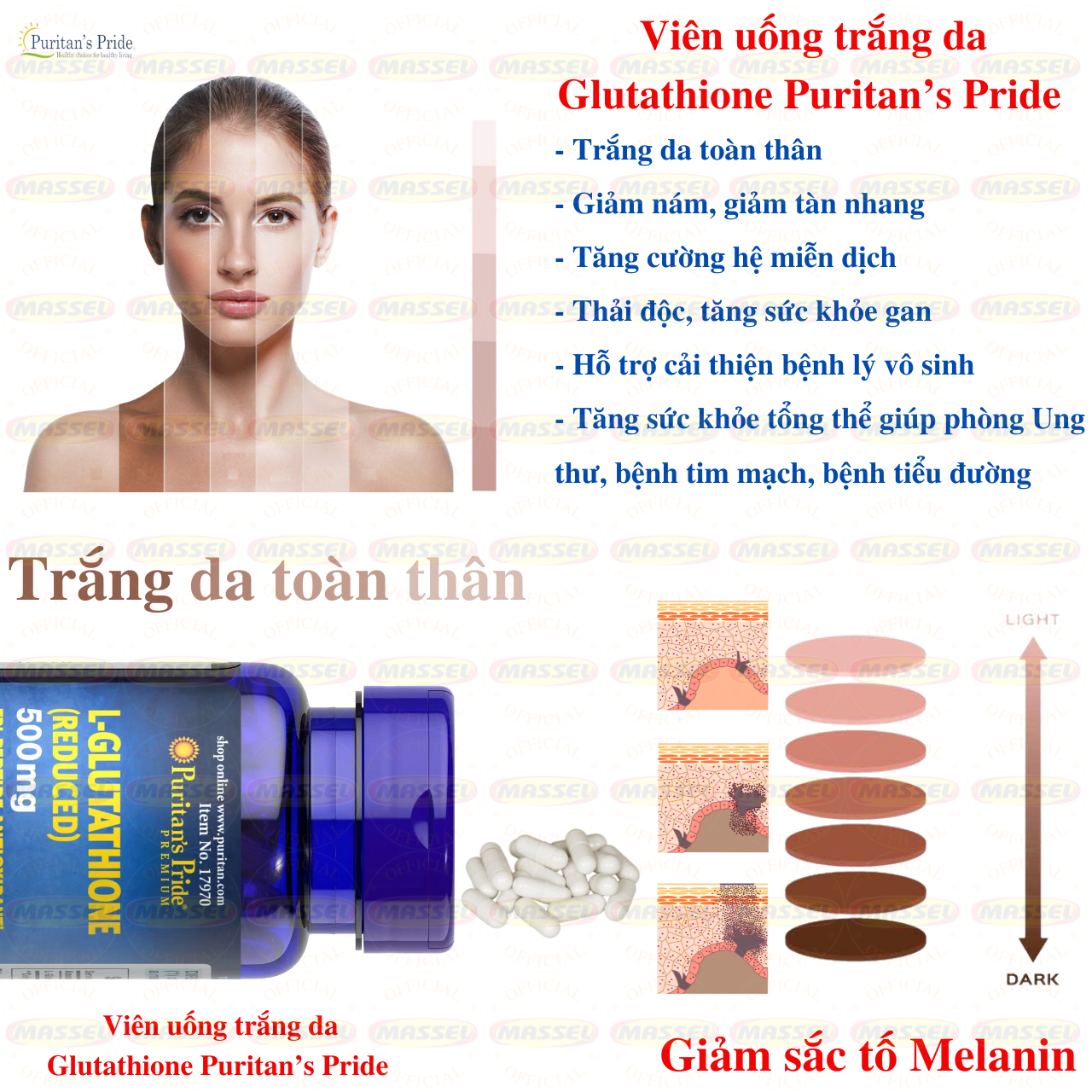 Hỗ trợ trắng da L-Glutathione Puritan’s Pride Premium 500mg Mỹ, Hỗ trợ trắng da, Giảm nám, tàn nhang, Tăng sức đề kháng - Massel Official -30 v/hộp