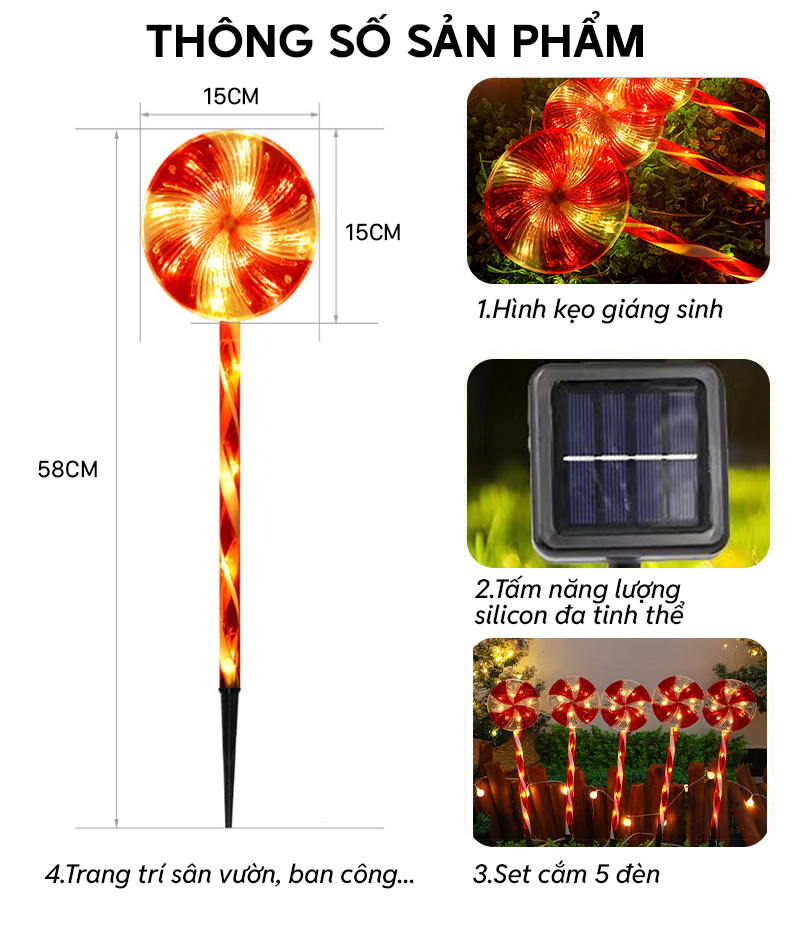 Đèn trang trí năng lượng mặt trời kẹo giáng sinh, tiết kiệm điện, bóng siêu sáng, chống thấm nước - DA3197