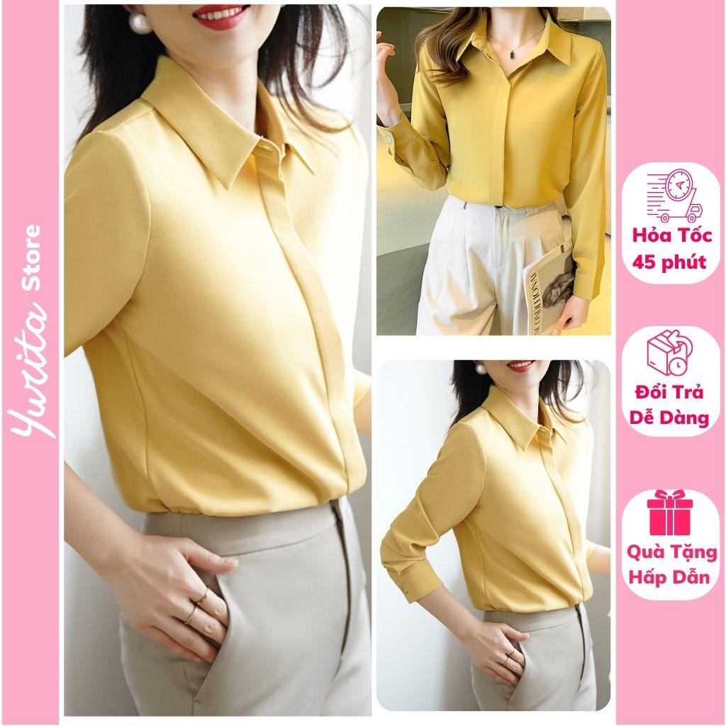 Áo Sơ Mi Nữ Công Sở Màu Vàng Cổ Đức YURITA Kiểu Hàn Quốc Vintage Ulzzang Form Rộng Dài Tay Đẹp Chất Lụa Cao Cấp A2V