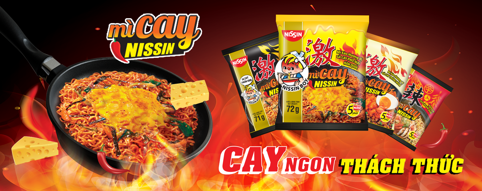 (COMBO 5 GÓI) MÌ CAY NISSIN - Mì Xào Gà Cay Phô Mai Hàn Quốc 72g