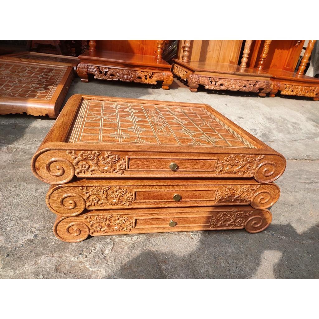 Bàn cờ tướng chân quỳ chạm mai có ngăn kéo đựng quân tiện dụng bằng gỗ hương