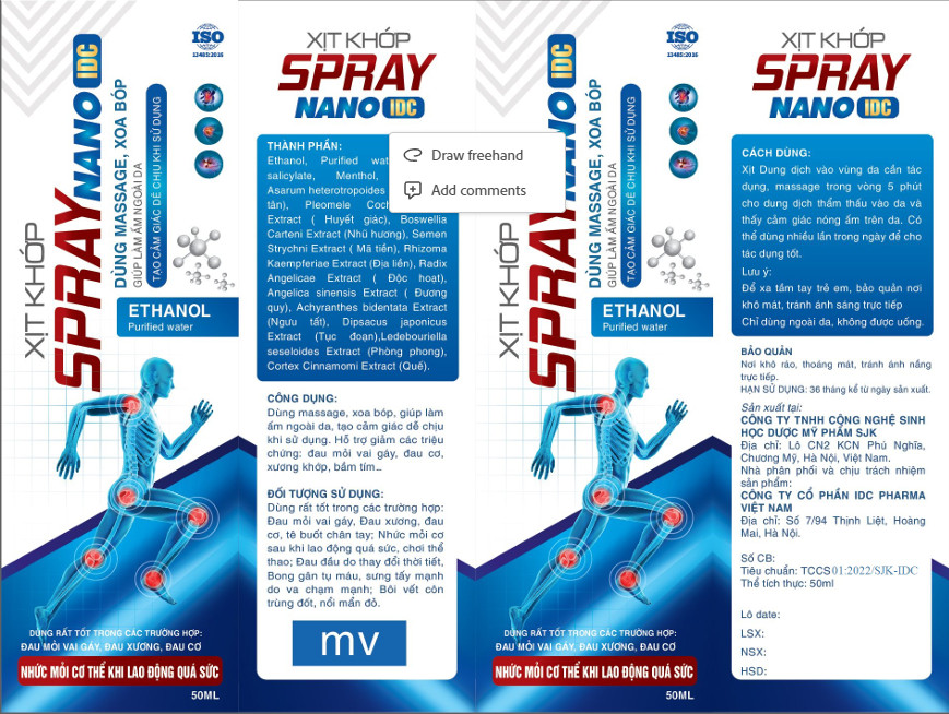 Xịt khớp SPRAY NANO IDC dùng xoa bóp giảm nhanh các triệu chứng đau mỏi vay gáy, xương khớp, bong gân hộp 50ml