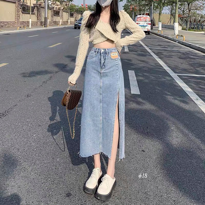 Chân Váy Jeans Dài Xẻ Tà Thời Trang Dành Cho Nữ