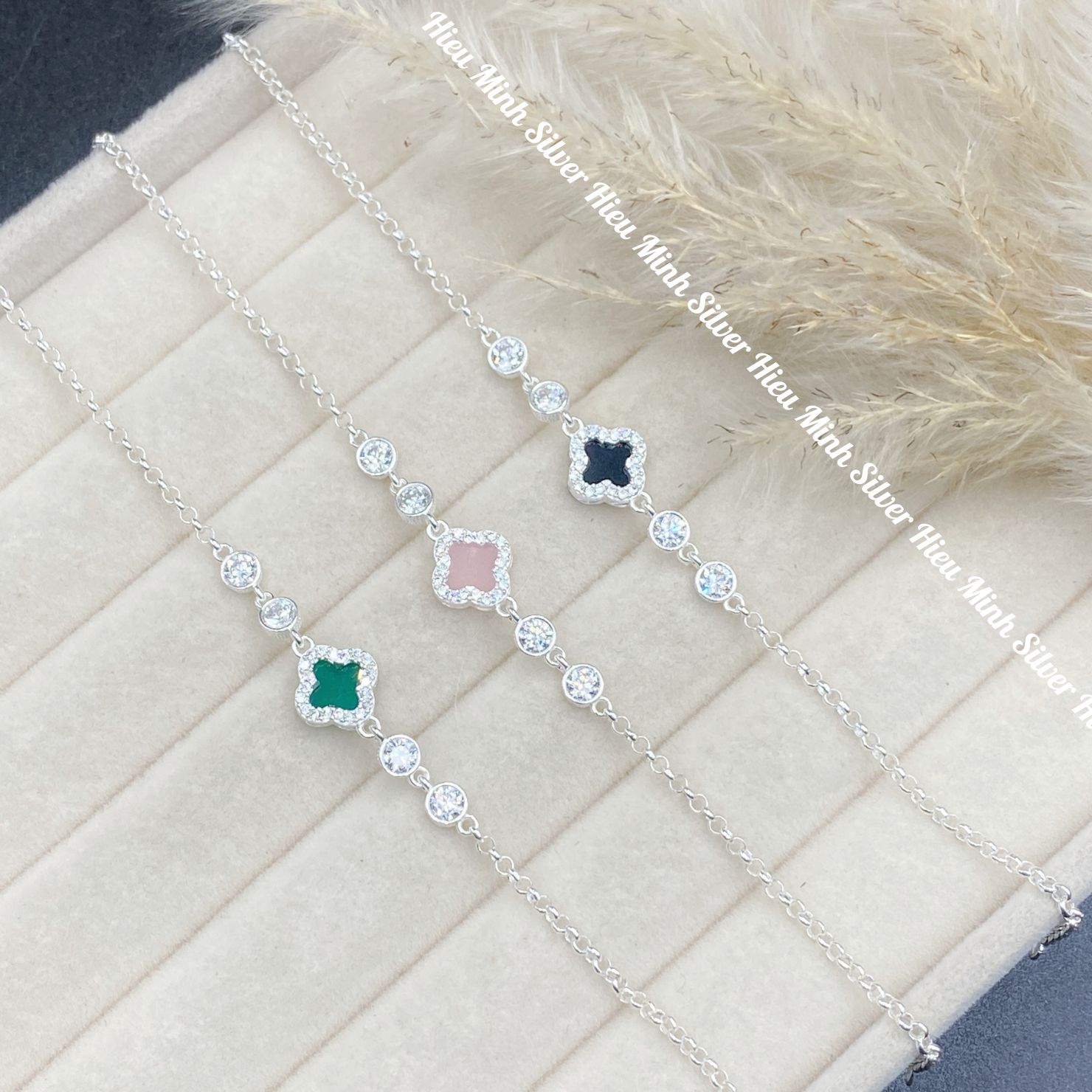 Lắc Tay Nữ Bạc Ta Mix Cỏ Bốn Lá Nhiều Màu BẠC HIỂU MINH LTU646