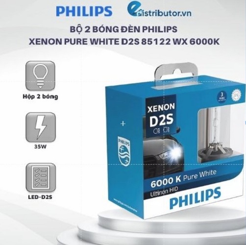 Bộ 2 Bóng đèn Philips XENON PURE WHITE D2S 85122 WX 6000K