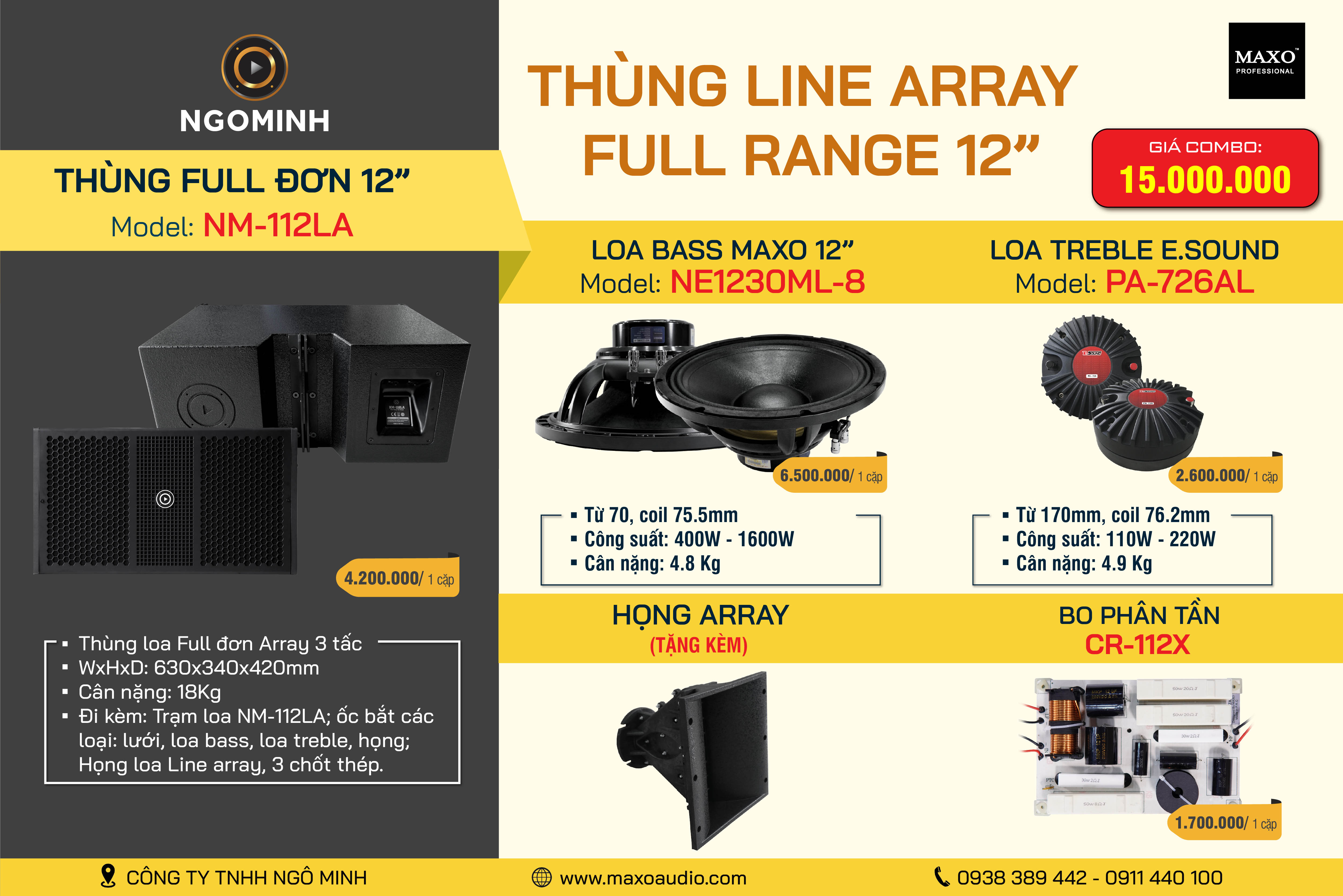 Loa Line Array Full Range 12" NM-112LA, NE1230ML-8, PA-726AL, Họng Array, CR-112X
