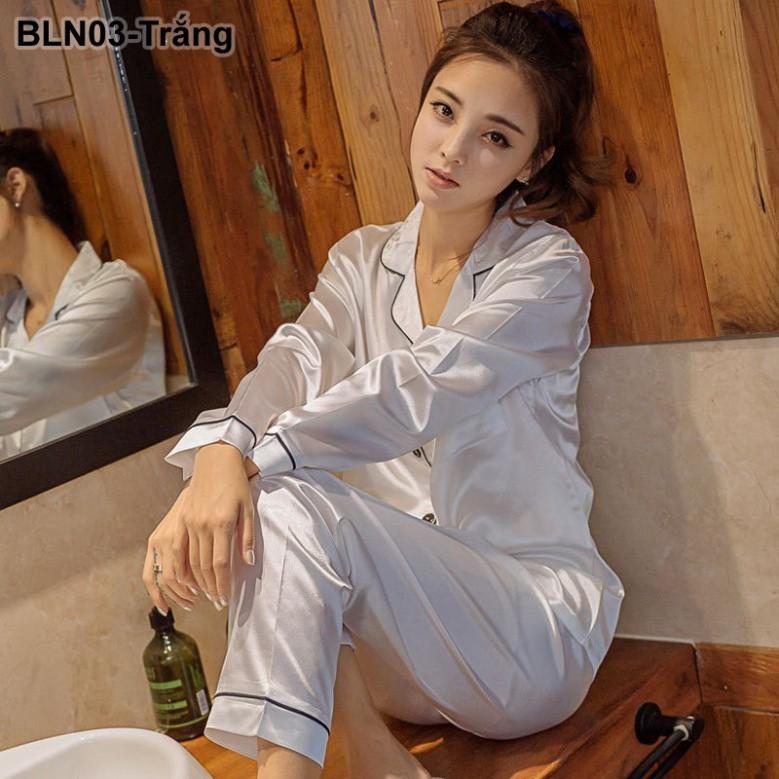 Bộ đồ ngủ lụa mặc nhà pijama trơn dài tay - BLN03