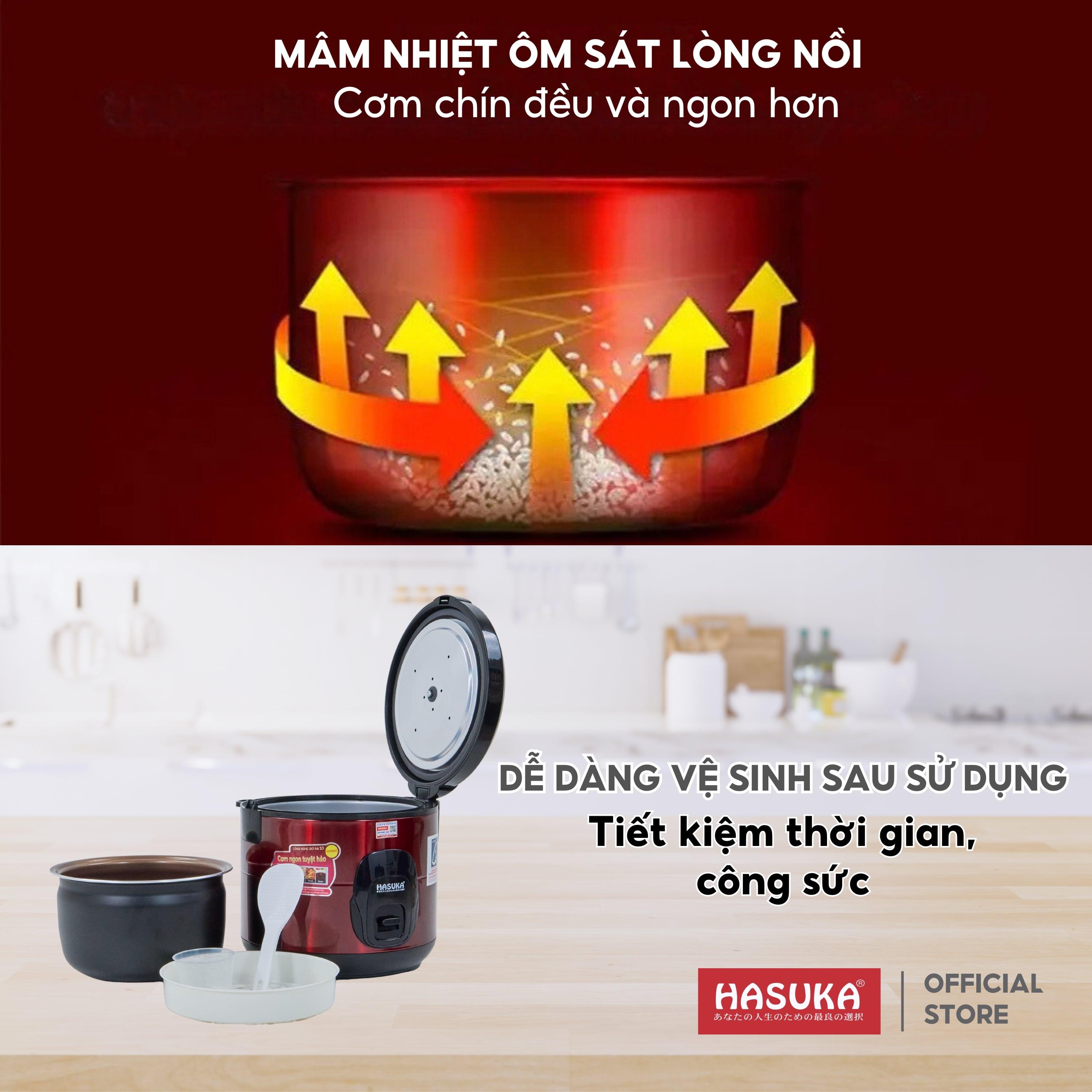 Nồi cơm điện HASUKA HSK 823 dung tích 1.8L, công suất 900W, lòng niêu dầy phủ chống dính ceramic, chống xước siêu bền - Hàng chính hãng