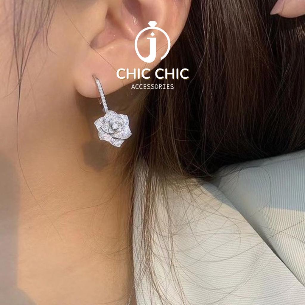 Bông tai Bạc Thời Trang Nữ Thả Hình Hoa Đính Đá Zircon Sang Trọng| Bông tai CHIC CHIC A104