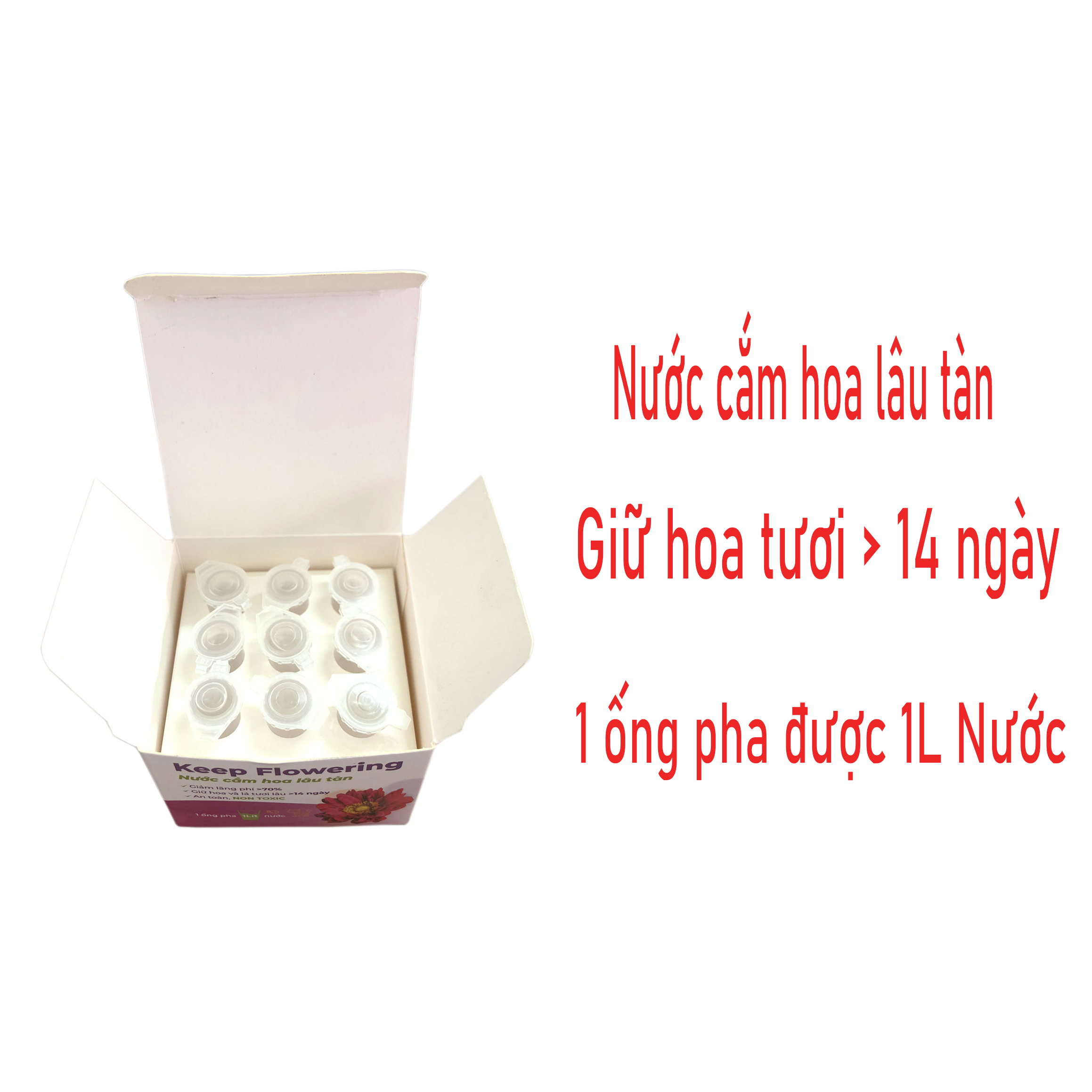 Nước Cắm Hoa Lâu Tàn Keep Flowering, Giữ Hoa và Lá Tươi Lâu 14 ngày (1 hộp 9 ống) - (1 ống 16ml)