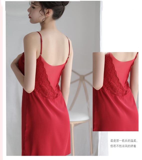 Đầm ngủ đẹp 2 dây, Váy ngủ lụa đồ ngủ đẹp phòng the gợi cảm màu đỏ hồng đen