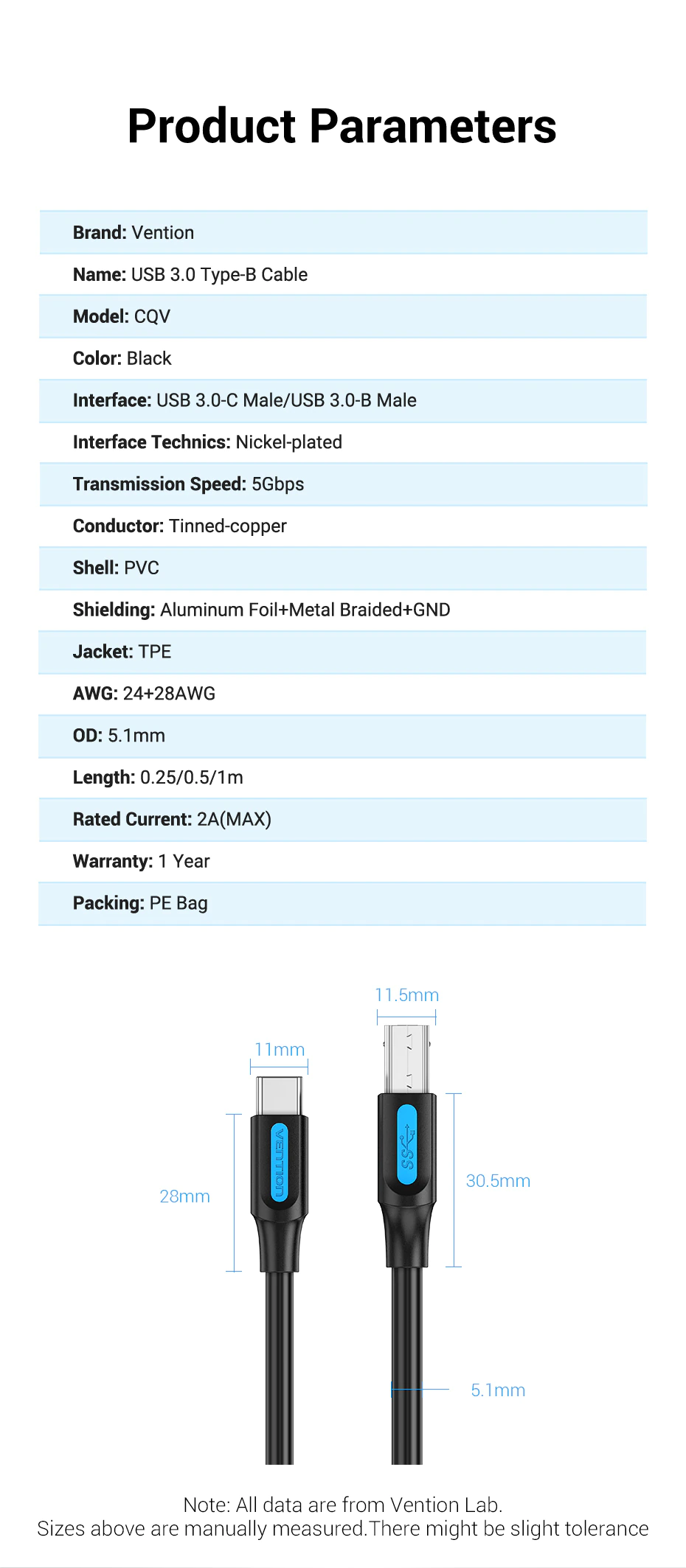 [ Type-C to Type-B ] Cáp dữ liệu cáp ổ cứng Type-C3.0 male ra type-B3.0 male Vention CQV _ Hàng chính hãng