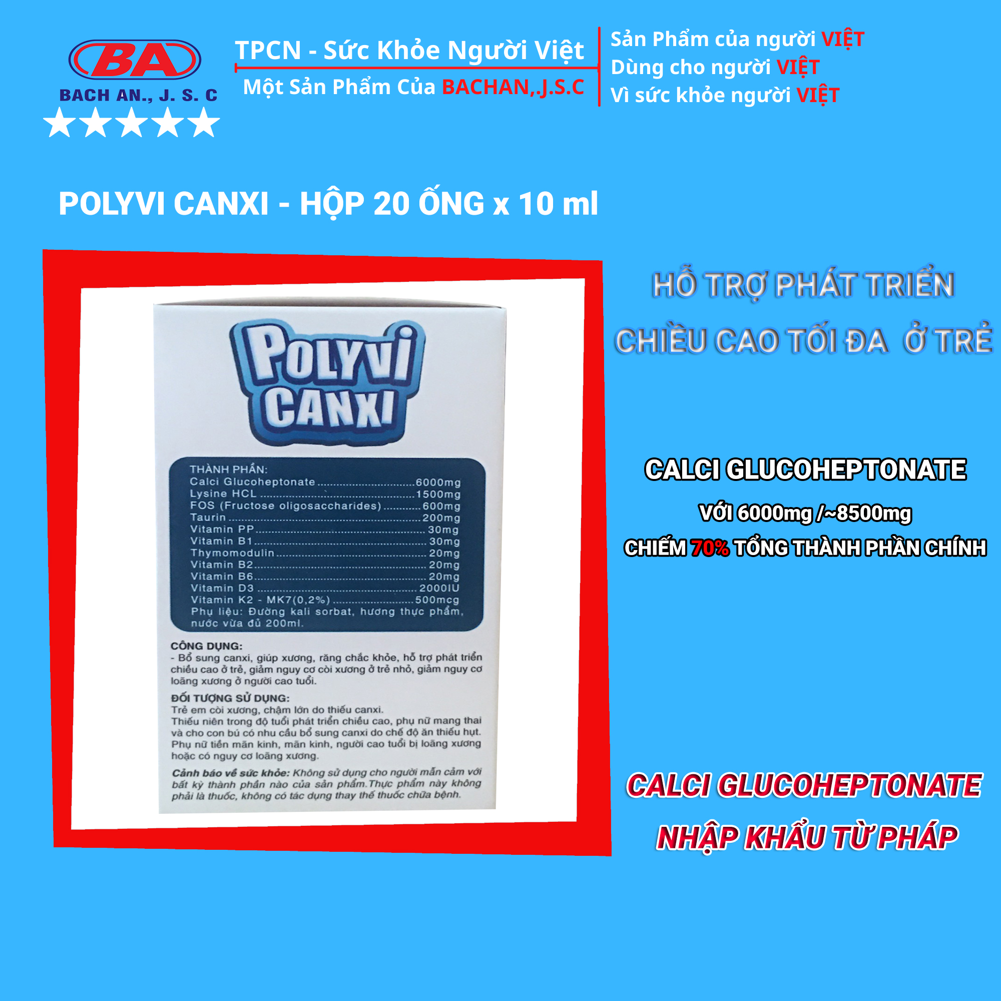 Polyvi Canxi Tăng Chiều Cao Cho Trẻ Với Calxi Glucoheptonate Nhập Khẩu Từ Pháp - Bổ Sung Canxi  Cho Bé Chắc Khỏe Xương - Polyvi Canxi Hộp 20 Ống 10ml