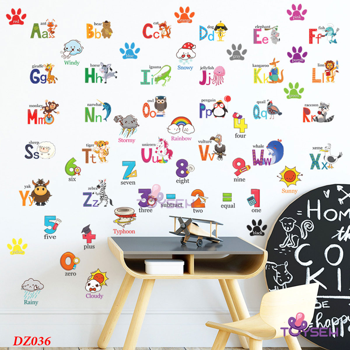 Decal dán tường 26 chữ cái và số 30x24cm họa tiết các con vật hoạt hình dễ thương (8 tờ)