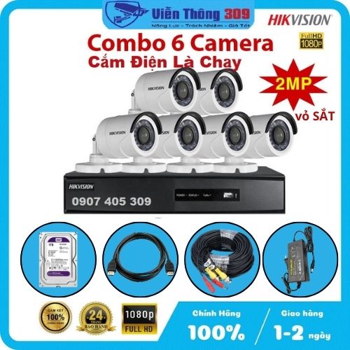 Trọn Bộ Hikvision 6 Camera - Full phụ kiện - Cắm Điện Là Chạy- Hàng chính hãng