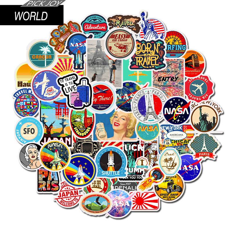 Bộ 50 Sticker dán Macbook, Vali, Mũ bảo hiểm, Điện thoại, Laptop chủ đề du lịch thế giới Travel Word - Hàng nhập khẩu