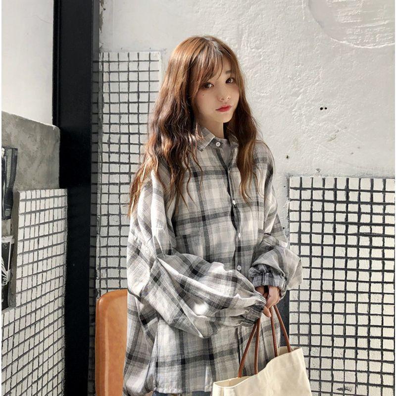 Áo sơ mi tay dài dáng rộng hoạ tiết sọc ca-rô phong cách retro