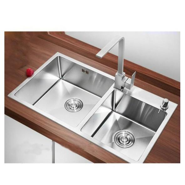 COMBO CHẬU RỬA CHÉN BÁT VUÔNG 2 HỘC LỆCH KT 82X45CM INOX SUS 304 CAO CẤP CL8245