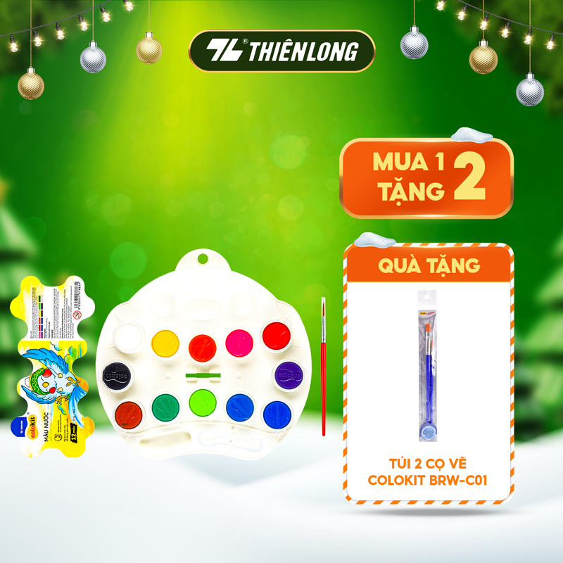 Màu nước Thiên Long Colokit 12 màu tươi sáng tiêu chuẩn Châu Âu an toàn cho trẻ - Tặng kèm cọ + Bảng phối màu WACO-C07