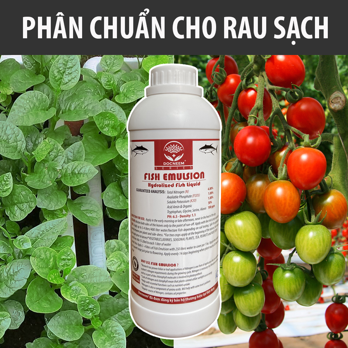 Phân đạm cá Docneem, phân cá Fish Emulsion (1 lít) hữu cơ cho hoa hồng, rau sạch, hoa, cây kiểng trong nhà ngoài trời