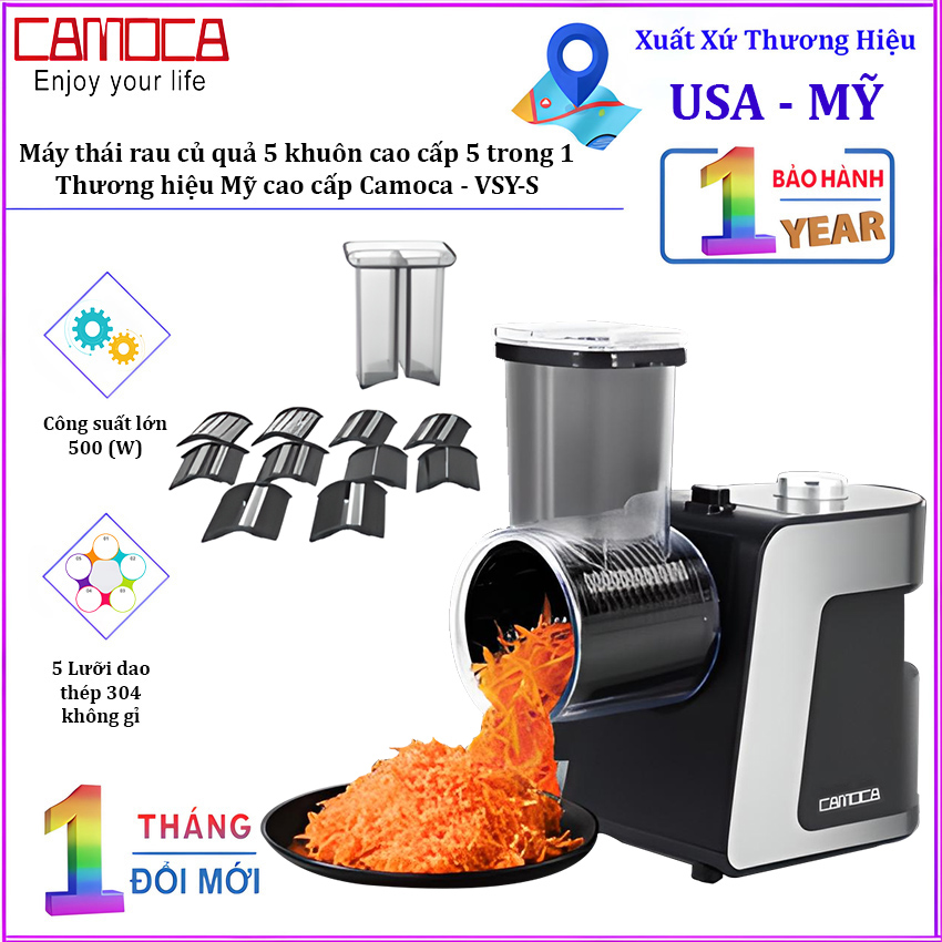 Máy thái rau củ quả 5 khuôn cao cấp 5 trong 1, dòng công suất lớn. Thương hiệu Mỹ cao cấp Camoca - VSY-S - HÀNG CHÍNH HÃNG