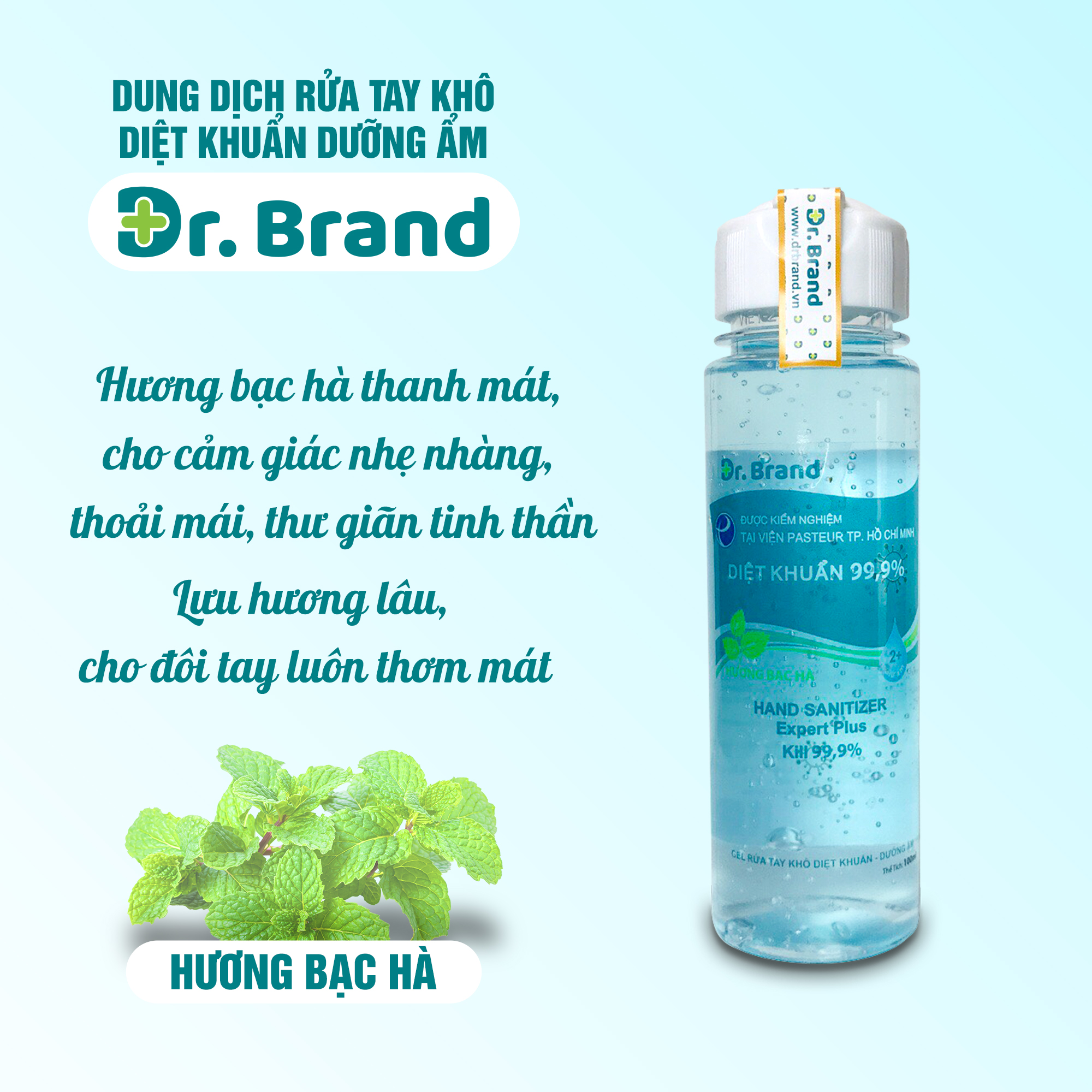 Nước rửa tay khô diệt khuẩn, diệt virus chuyên dùng cho nhân viên y tế, được kiểm nghiệm tại viện Pasteur Tp.Hồ Chí Minh – Dr.Brand – HƯƠNG BẠC HÀ