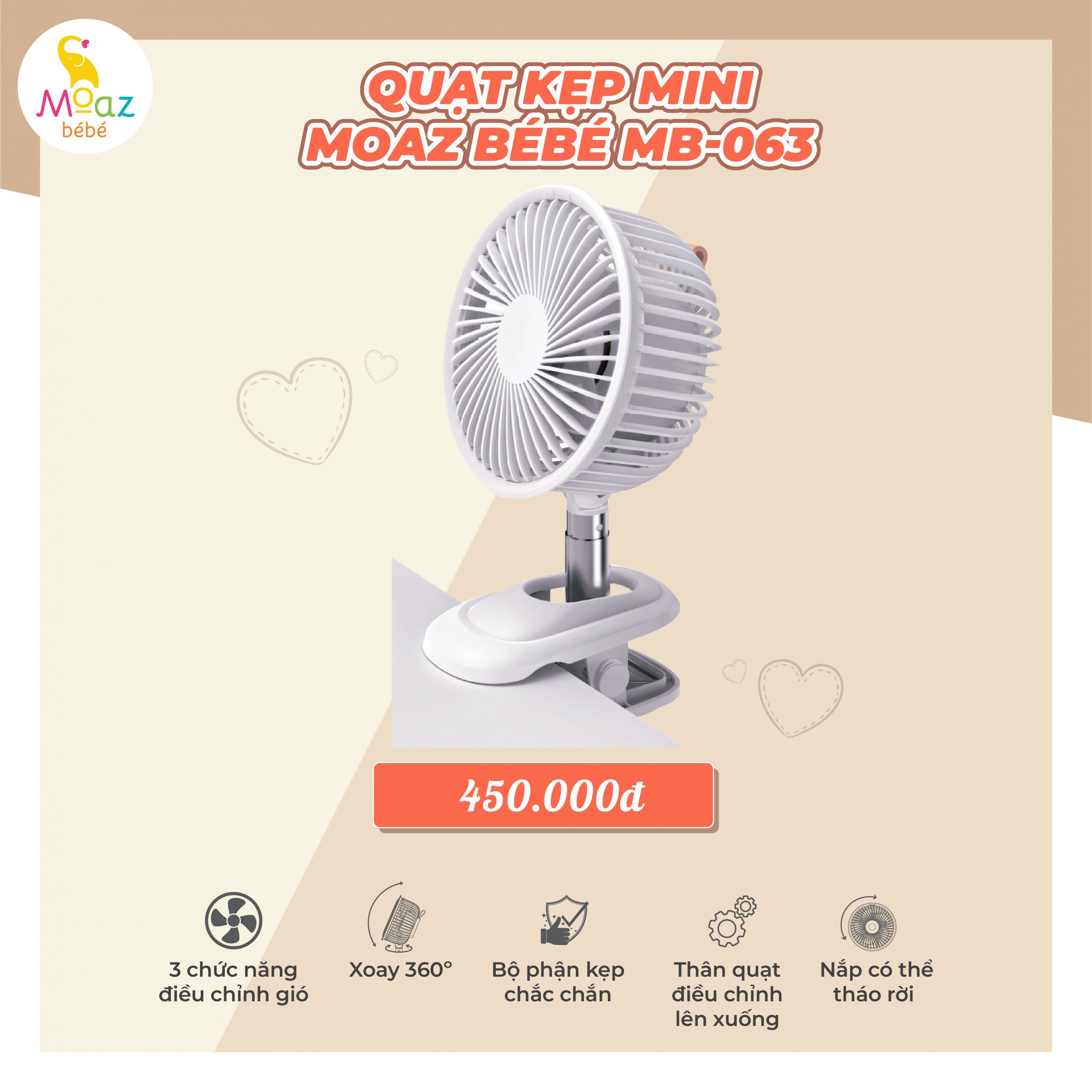 Quạt kẹp xe đẩy Moazbebe MB063 sạc tích điện mini, đảo chiều xoay 360 Hàng Chính Hãng