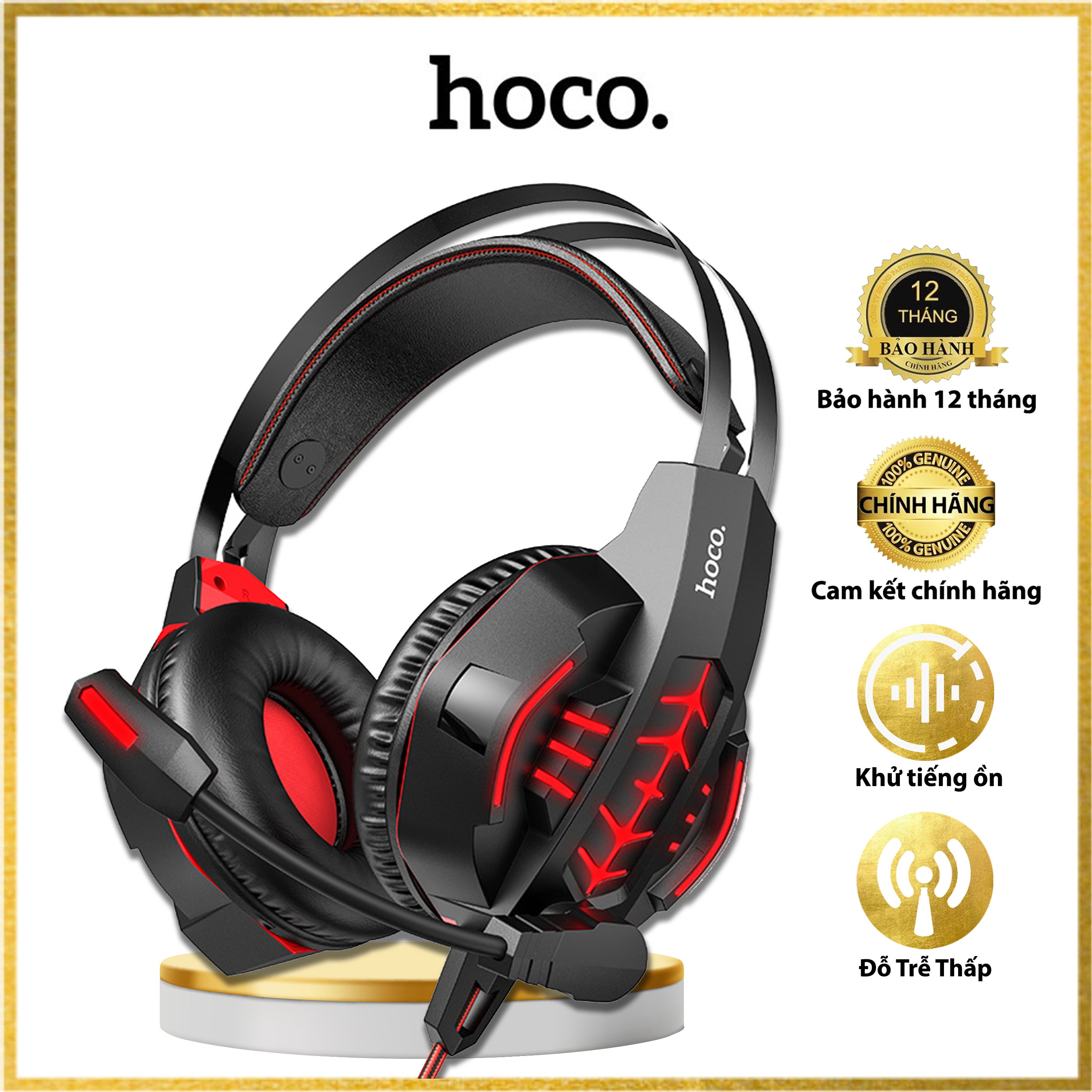 Tai nghe chụp đầu gaming HOCO W102 - jack 3.5 - Micro đa hướng - Dây Chống Đứt - Có đèn Led - Cáp bộ chuyển đổi âm thanh 2 trong 1 - Hàng Chính Hãng