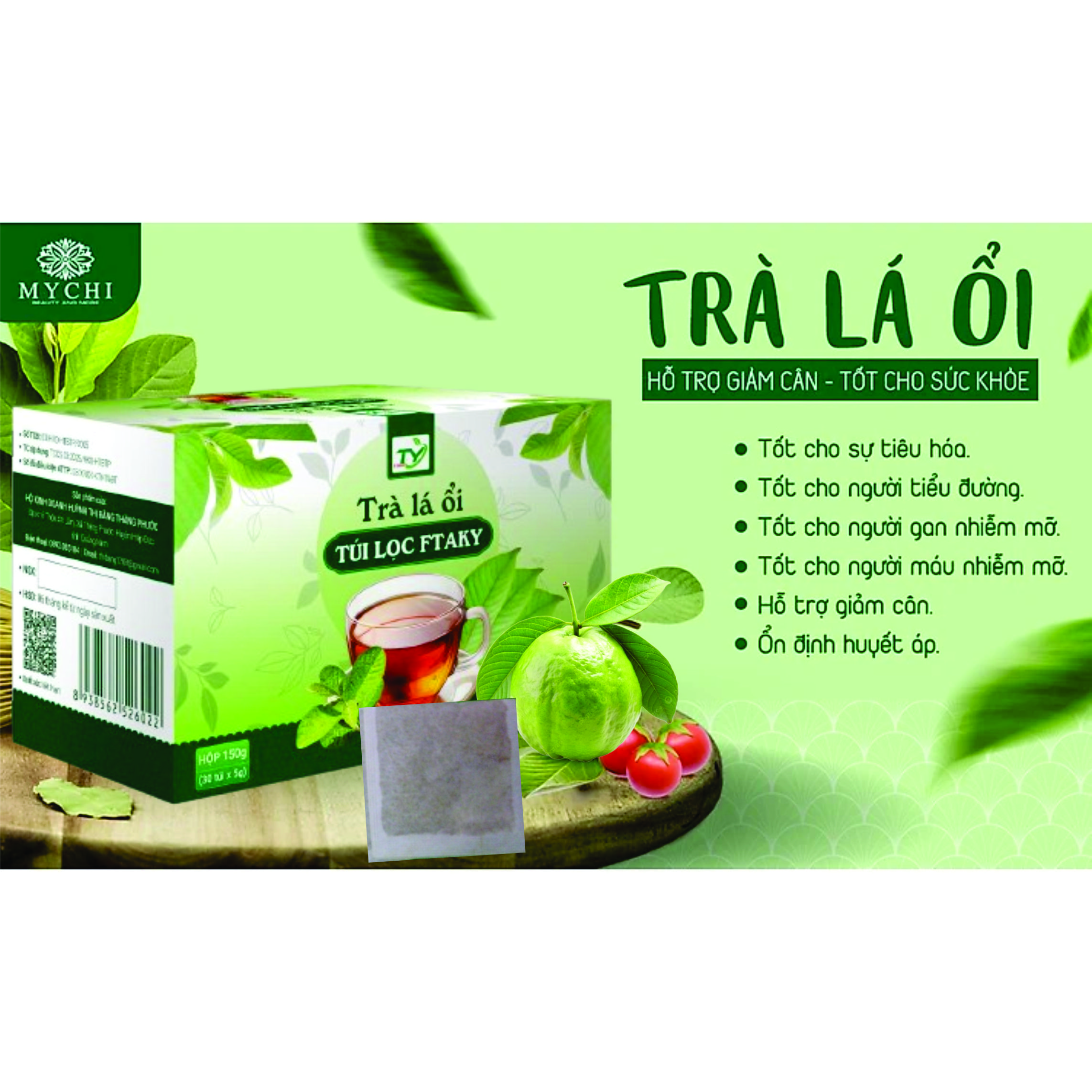 Trà lá ổi túi lọc FTAKY - Tan mỡ giảm cân, ngừa tiểu đường Hộp 30 túi x 5g lá ổi mix gạo lứt và đậu đen xanh lòng