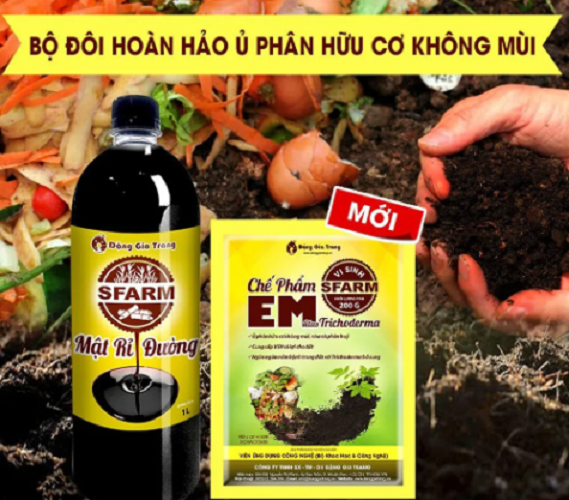 Combo 1 Túi Chế Phẩm EM Sfarm 200gr và 1 Chai Mật Rỉ Đường Sfarm 1lít - Cặp Đôi Ủ Rác Sinh Học Không Mùi