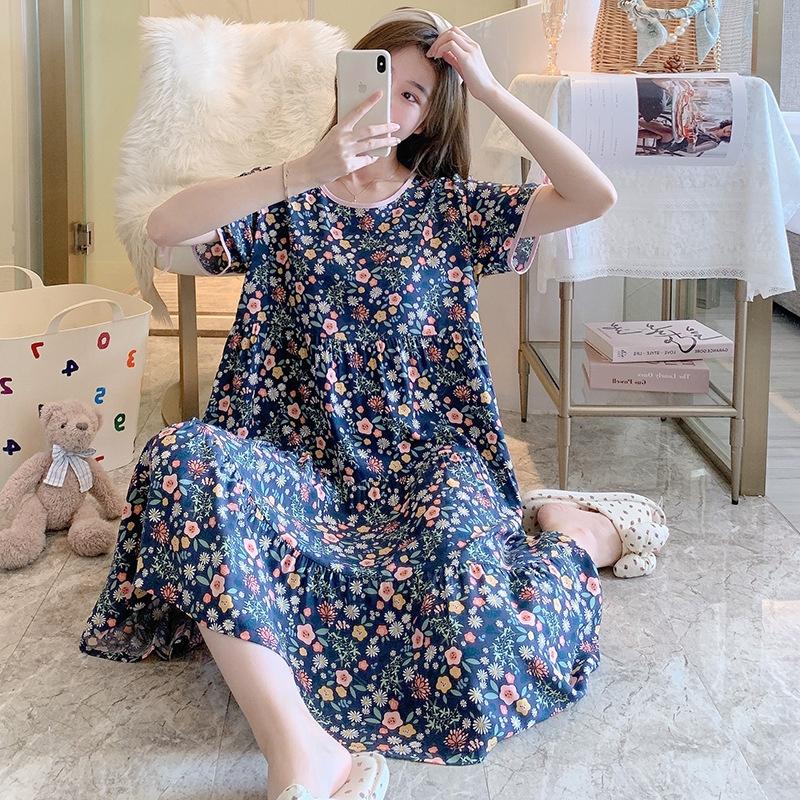 Váy đầm ngủ mặc nhà, áo ngủ ngắn tay xếp tầng chữ A Cotton lụa tự nhiên mềm mại thoáng mát măc mùa hè mã VAV0469 - M01 Vàng nghệ hoa