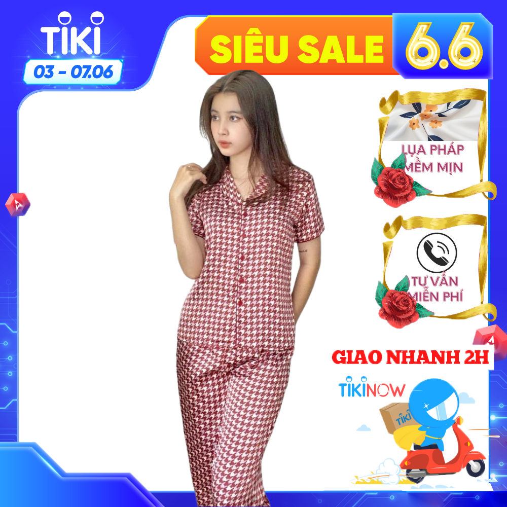 Bộ đồ Pyjama nữ, đồ mặc nhà lụa VILADY - B141 kiểu tay cộc quần dài họa tiết Ziczac chất liệu lụa Pháp (lụa latin) - Màu đỏ