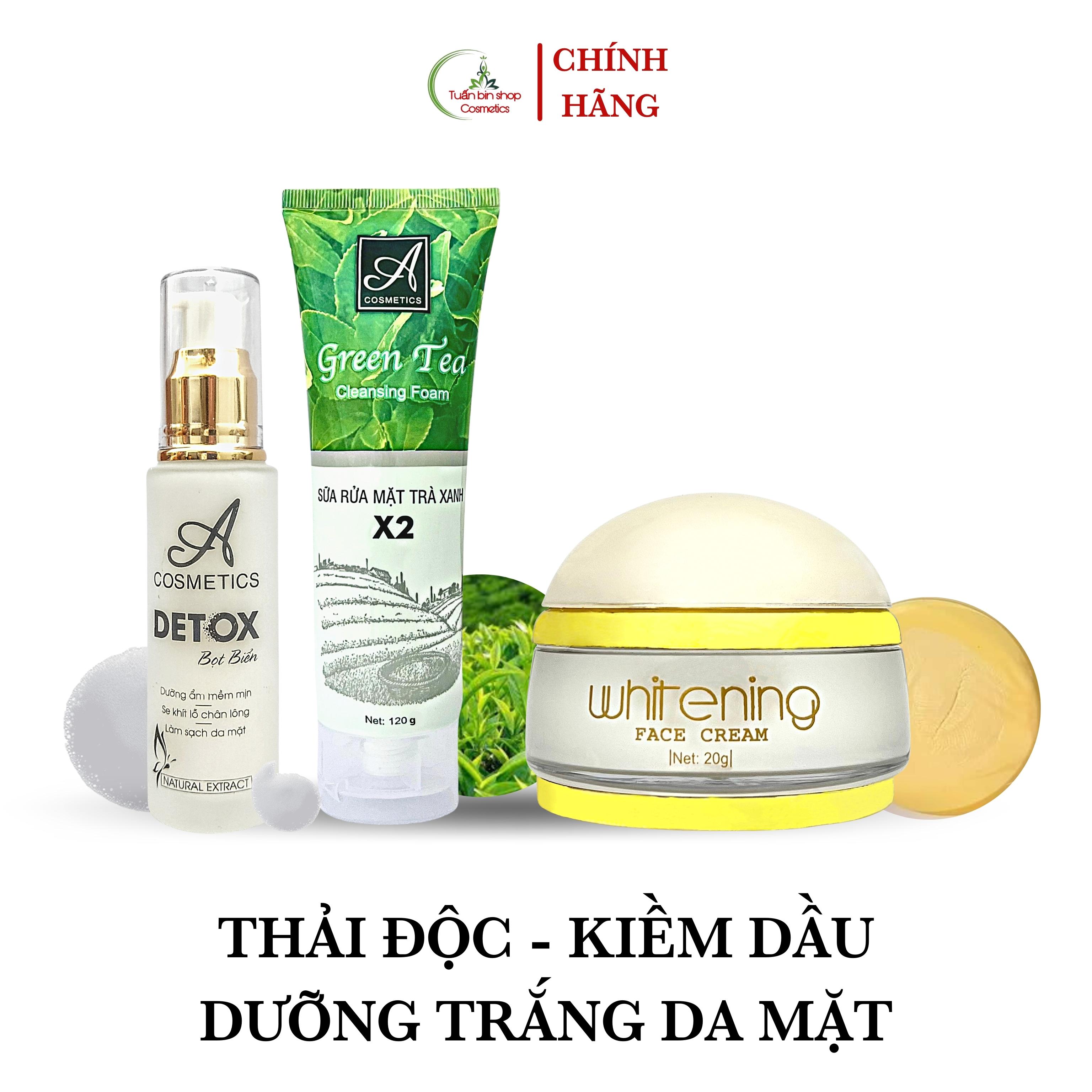 Combo dưỡng trắng mặt, kiềm dầu, thải độc da Acosmetics, kem face pháp, sữa rửa mặt trà xanh x2, detox bọt biển 190g