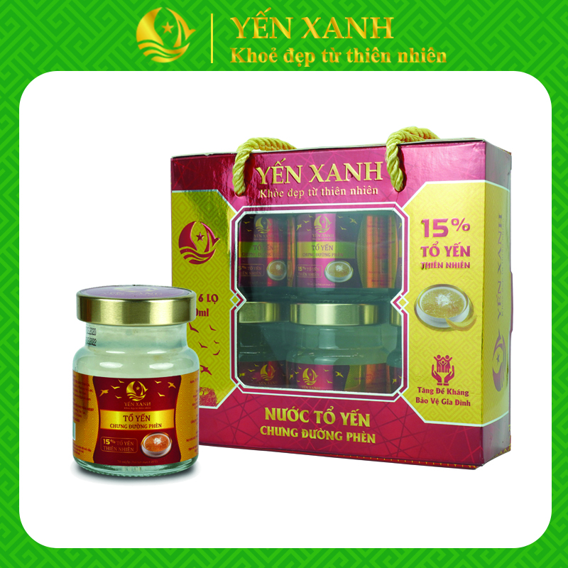 Nước tổ yến sào chưng đường phèn - YẾN XANH (15% tổ yến) - Lốc 6 lọ x 70ml có quai xách