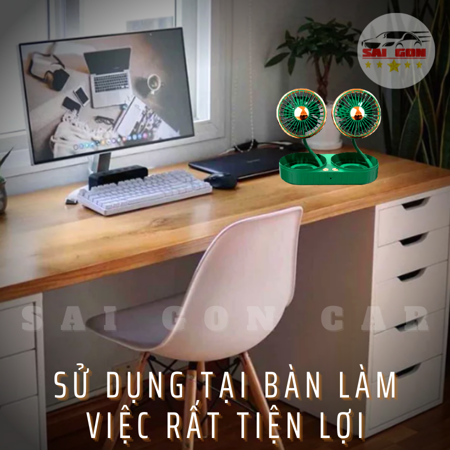 Quạt mini văn phòng động cơ kép mạnh mẽ, dây nguồn USB, xài điện 12V , quạt có thể xoay 360 độ và gấp gọn.