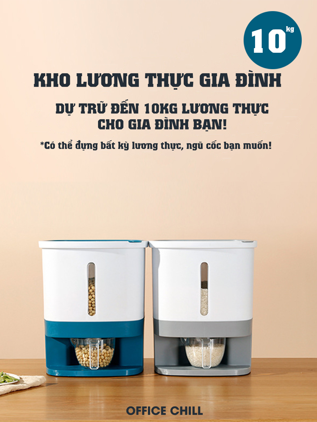 Thùng Gạo Thông Minh Tự Động 10Kg OFFICE CHILL, Thùng Đựng Gạo, Thực Phẩm Vật Liệu Nhựa An Toàn Cho Sức Khỏe Bảo Hành 1 Năm