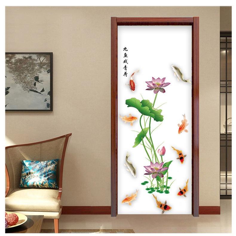 Decal trang trí dán tường - SEN HỒNG CHỮ HOA CÙNG ĐÀN CÁ PHÚ QUÝ
