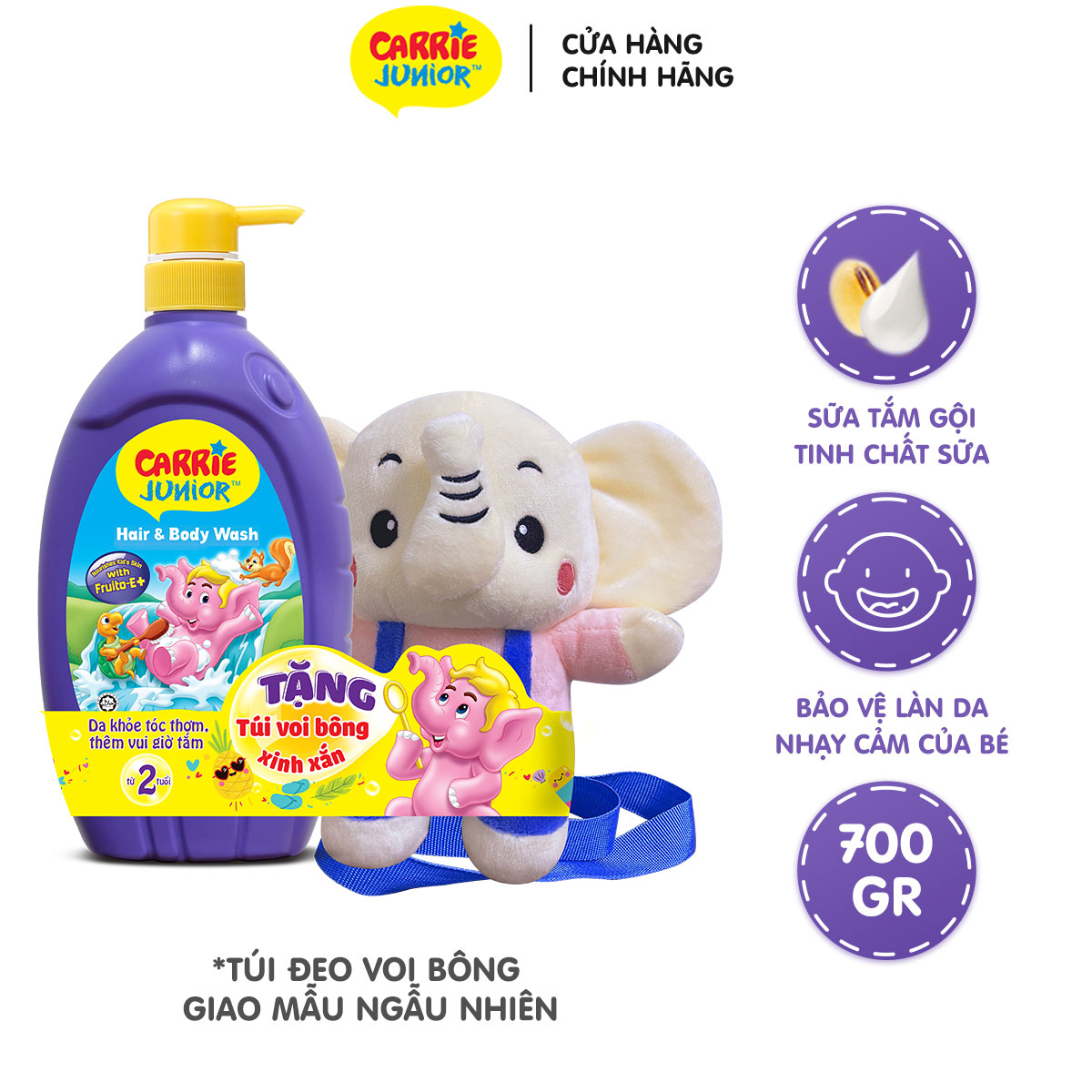 Sữa Tắm Gội cho bé Carrie Junior hương Tinh Chất Sữa 700g + Túi Đeo Hình Voi Bông