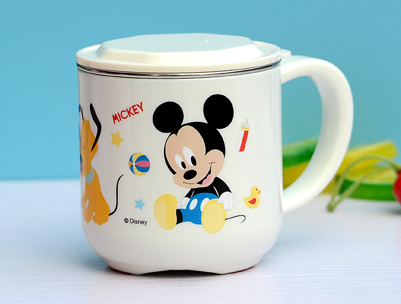 Ly cốc giữ nhiệt Disney in hình chuột Mickey Minnie Mouse màu trắng có nắp và quai cầm cho bé - 260ml