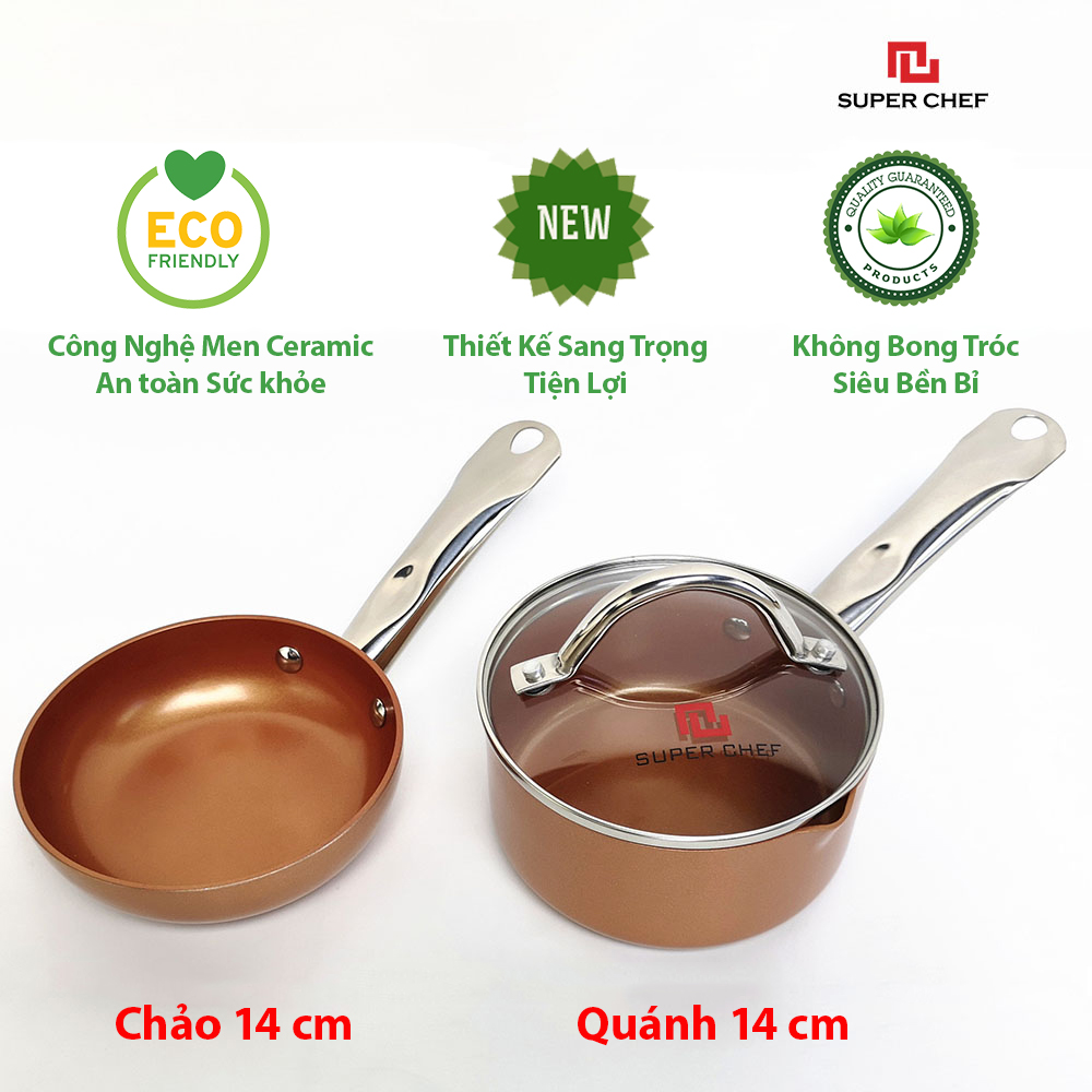 Bộ Chảo Nồi Nấu Cháo Cho Bé Super Chef Công Nghệ Ceramic An Toàn Sức Khỏe, Chống Dính Tốt, Siêu Bền Bỉ Không Bị Bong Tróc, Hạn Chế Trầy Xước (14cm) Dùng Cho Bếp Gas, Hồng Ngoại