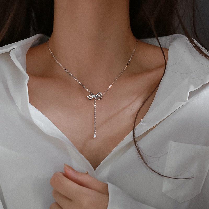 Dây chuyền choker nơ bạc 925 cá tính độc đáo Dế Bạc – D4412