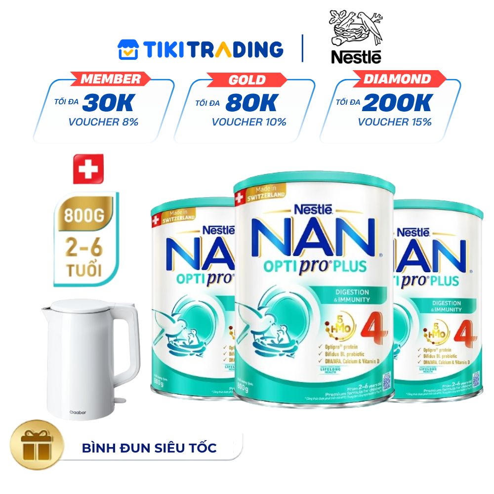 Bộ 3 lon Sữa bột Nestlé NAN OPTIPRO PLUS 4 800g/lon với 5HMO Giúp tiêu hóa tốt + Tăng cường đề kháng (Bé 2-6 tuổi) -Tặng Bình đun siêu tốc Gaabor