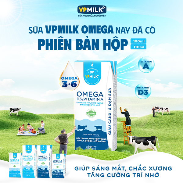 Sữa Dinh Dưỡng Tiệt Trùng VPMilk Omega Có Đường dạng hộp cho bé trên 1 tuổi 110ml (thùng 48 hộp)